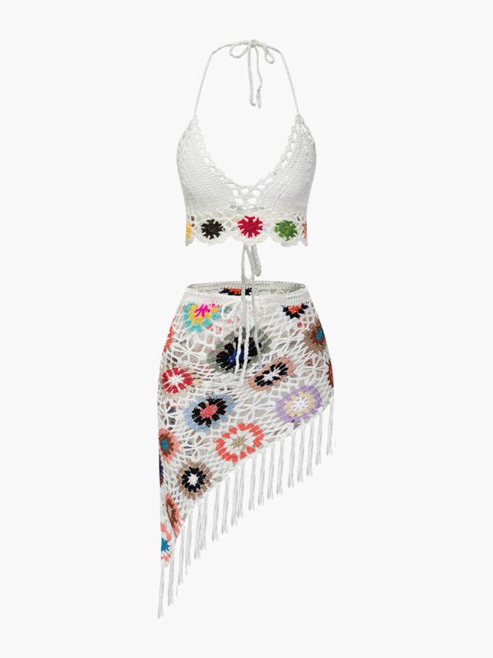 MICAS- Floral Crochet Halter Cami Top And Asymmetrical Tassel Skirt Set